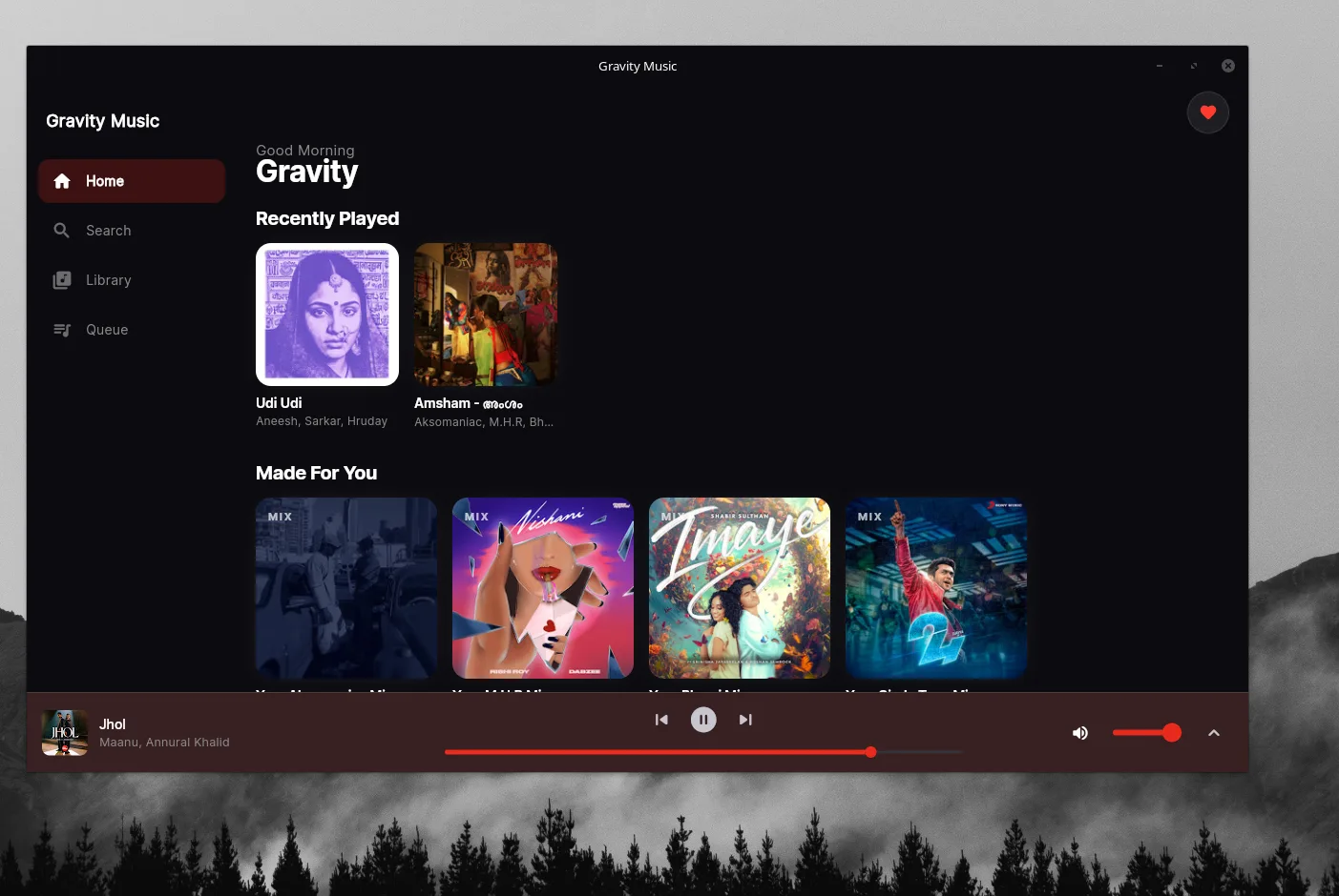 Gravity Music running on Gnome (Linux)